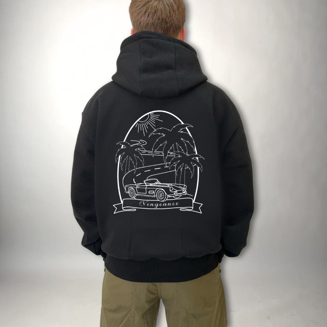 Retro car print black premium pocket hoodie